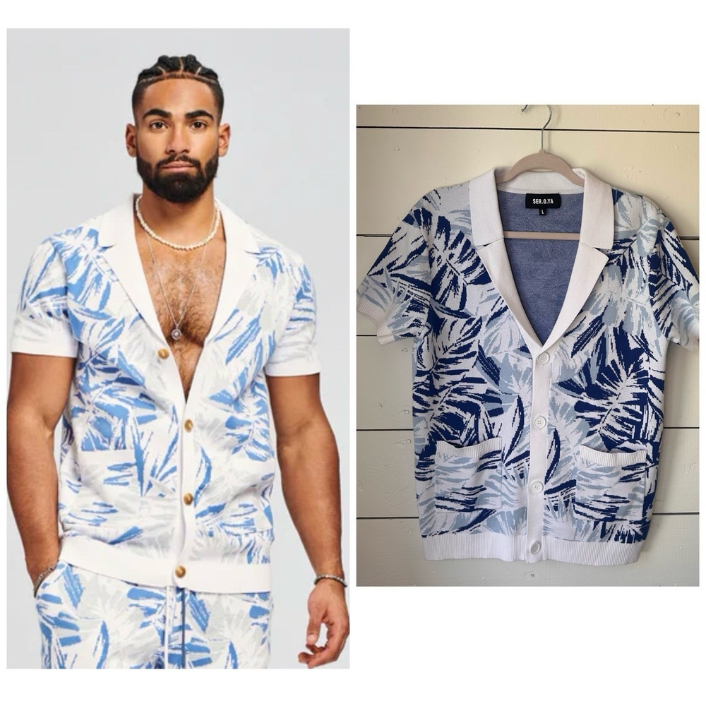 Seroya Taz Shirt Blue Palm Buttons Collar L Microterry Resort Beach Hipster